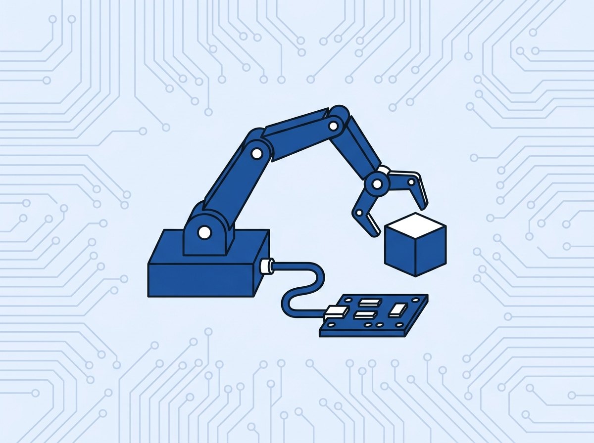 Un braț robotic cu clește, întinzându-se după un cub, legat la o plăcuță electronică