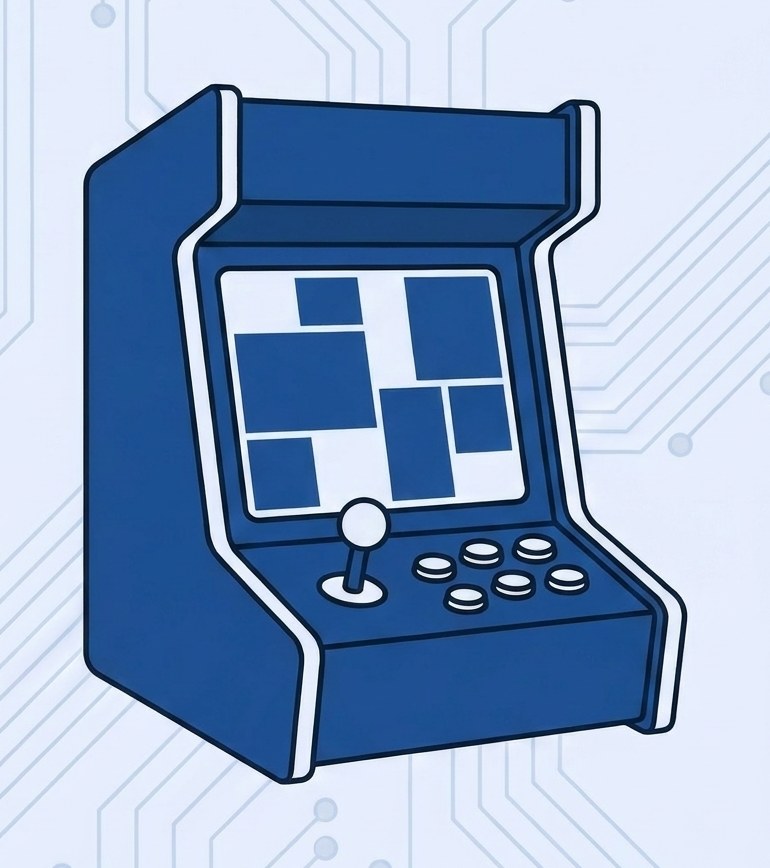 Un cabinet de arcade de masă, cu manetă și butoane rotunde